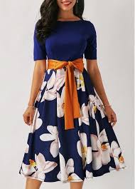 Belted Flower Print Navy Blue Dress Rosewe Com Usd 33 53 Floral Dress Casual Western Dresses Shop Casual Dresses
