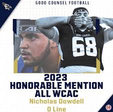 Congratulations to our players who made 2023 All WCAC Honorable Mention  Delano Brown #33 D Line Kobe Ellis #23 Wide Receiver Nicholas Dowdell #68  Garret Jackson #9 D Back Jim Hudren #52 O Line #WeAreGC #TrueBlue