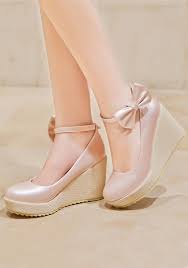 pink round toe bow buckle sweet wedges shoes girly shoes women shoes kawaii shoes