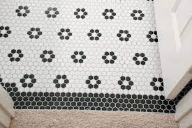 The center is a mix of black and white hexagon tiles. Uniquely Yours Or Mine Hexagon Mosaic Floor Mosaic Flooring Penny Tiles Bathroom