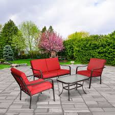 Mainstays Stanton 4 Piece Patio Furniture Conversation Set Red Metal Walmart Com In 2020 Conversation Set Patio Patio Furniture Conversation Sets Patio Furniture