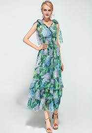 2018 Summer Boho Beach Maxi Dress Women S Sleeveless V Neck Tiered Floral Print Green Casual Long Dress Long Dress Casual Womens Maxi Dresses Beach Maxi Dress