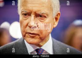 United States Senator Orrin Hatch (Republican of Utah), ranking member,  left, and US Senator Patrick Leahy (Democrat of Vermont), chairman, US  Senate Judiciary Committee, right, discuss procedures prior to hearing from  Robert