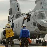 US Navy 101018-N-1060K-017 Aviation Boatswain's Mate 1st Class Roy Wiley  signals to the pilots of a CH-46 Sea Knight helicopter to take off from th 