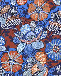 Orange poppies, blue chicory, succory with beige buds isolated on a blue background. Bali Bazaar Floral Wonders Aster Blue Batik Art Batik Pattern Art