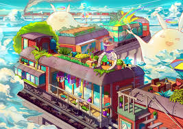 Houses On The Stopping Train By Caring201 Beautiful Colors And Composition Anime Scenery Animation Art Art