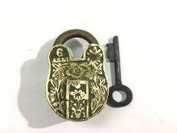 An Old Antique Brass Most Decorative Shape Padlock Lock With Key Flowers Carving Old Antiques Flower Carving Antique Brass