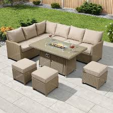 Rattan garden furniture with rising table and fire pit. Nova Heritage Ciara Corner Dining Set With Fire Pit Table Left Hand Willow Crownhill