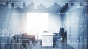 Blurry Filtered Office Interior With Abstract Forex Chart Finance