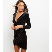 New Look Black Velvet Wrap Front Long Sleeve Bodycon Dress 25 Liked On Polyvore Simple Long Sleeve Dress Long Sleeve Velvet Dress Party Dress Long Sleeve
