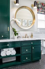 Guest Bathroom Makeover One Room Challenge Green Gold Orchid Roundmirror Sconces Small Bathroom Decor Green Bathroom Bathroom Makeover