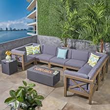 Large scale outdoor sectional arrangement: Brava 10pc Acacia Wood U Shaped Sectional Sofa Set With Fire Pit Gray Dark Gray Christopher Knight Home Target