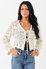 Cream Open Knit Two Tie Long Sleeve Cardigan | Lime Lush Boutique