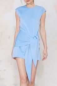 Light Blue Round Neck Self Tie Dress Dresses Fashion Women Dress Online