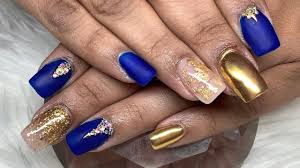 They look so good together. Royal Blue And Gold Nails Chrome Glitter Foil Nails Mia Secret Build Gold Acrylic Nails Gold Gel Nails Blue Gold Nails
