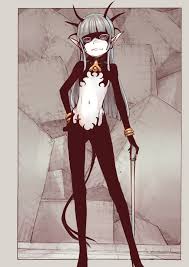 kyaradain, original, absurdres, highres, 1girl, black skin, blunt bangs,  border, bracelet, cane, closed mouth, colored skin, demon girl, green hair,  grey border, grey eyes, holding, jewelry, looking at viewer, nude, pointy  ears,