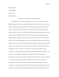 I'm not used to losing much of anything, whether it's a race or a debate, but among things i've nearly lost are my life, my neck, and my good name, and i've gained a realization: Joshua Brewer Virtual Communities Essay Rough Draft