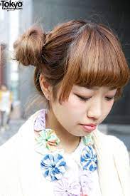 Japanese Girl S Double Bun Hairstyle Knit Sweater Gingham Skirt Platform Converse Japanese Hairstyle Hair Jelly Hair Styles