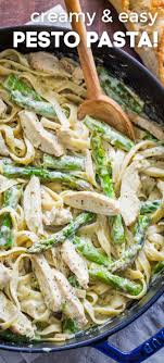 Creamy Easy Chicken Pesto Pasta Recipe Loaded With Juicy Chicken Tender Asparagus And A Pesto Pasta Recipes Pesto Pasta Recipes Chicken Pesto Chicken Pasta