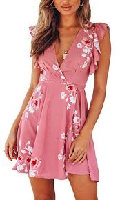 Look At Me Pink Floral Pattern Sleeveless Ruffle V Neck Cross Wrap Casual Mini Dress Pink Dress Casual Mini Dress Casual Printed Casual Dresses
