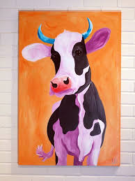 Paintings 24x36 Cow Art Canvas Painting 24x36 Orange Purple Blue Spotted Cow Cow Art Cow Canvas Cow Painting