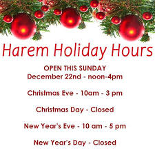 Harem Holiday Hours We Will Be Open This Sunday From 12 Pm 4 Pm For Any Last Minute Shoppers Limited Hours Holiday Hours Business Christmas Christmas Eve