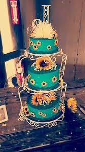 Teal And Yellow Sunflower Wedding Cake Sunflower Wedding Cake Sunflower Party Sunflower Themed Wedding