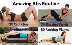 You don't need any equipment, and it's suitable for beginners and more advanced exercisers. Amazing Abs Routine 50 Crunches 50 Russian Twists 1 Min Elbow Plank 30 Rocking Planks Do As Many Rounds As You Can Russian Twist Ab Routine Twist