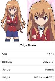 Taiga Aisaka Age Birthday Gender And Height Toradora Taiga Anime Anime
