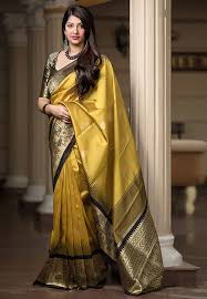 Dharmavaram silk blend, pure silk saree. Woven Art Silk Saree In Mustard And Black Spta1111