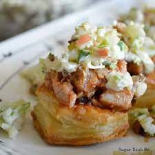 Top buttery puff pastry with caramelised onions and melted cheese for a festive buffet or dinner party winner that you can make ahead and freeze. Bbq Bites With Apple Bacon Slaw Sugar Dish Me