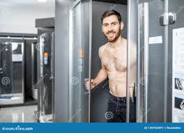 Naked Man in the Shower Cabin in Thhe Shop Stock Image - Image of  washbasin, buyer: 138754591