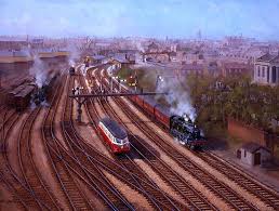Railway Paintings By John Austin Fgra North Of Birmingham On The Western Region Line To Wolverhampton Hockley Hockley Bi Train Art Railway Western Region