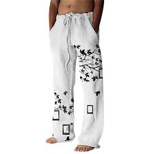 Mens Fashion Casual Small Printing Cotton And Linen Printed Linen Tech  Pants Men | eBay