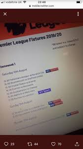 All fixtures scottish league cup world cup 2022 qualifying international friendlies nations league copa america euro 2020. Premier League Fixtures Leaked With Spurs Vs Norwich First Match Of 2019 20 Season And Man Utd Vs Brighton On Super Sunday