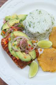 Grilled Salmon With Avocado Salsa Cilantro Lime Rice And Patacones Tostones Grilled Salmon Salmon With Avocado Salsa Avocado Salsa