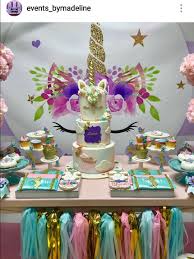 Unicorn Theme Birthday Party Dessert Table And Decor Birthday Party Desserts Birthday Parties Baby Girl Party Ideas