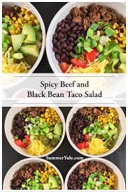 Black Bean Taco Salad Recipe Spicy Beef And Black Bean Taco Salad Recipe Bean Tacos Black Bean Tacos Healthy Recipes