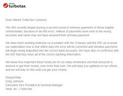 Email From Turbotax Vice President Regarding Fixing Stimulus Check Deposit Errors Stimuluscheck