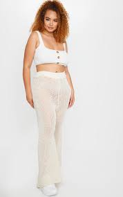 Queenstown cable knit pants cream. Plus Cream Knit High Waist Wide Leg Trousers Prettylittlething Il