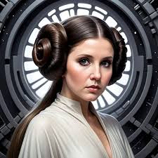 A beautiful Princess Leia, long flowing hair, dark e...