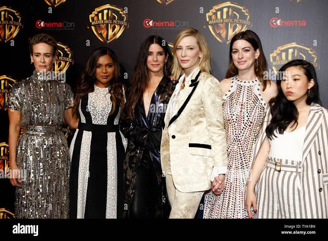 Cast members of the 'Ocean's 8' movie, Sarah Paulson, Mindy Kaling, Sandra  Bullock, Cate Blanchett, Anne Hathaway and Awkwafina arrive for the  CinemaCon 2018 Warner Bros. studio presentation at Caesars Palace, Las