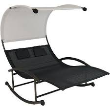 Double Chaise Rocking Lounge Chair With Canopy And Headrest Pillows Black Sunnydaze Decor In 2020 Double Chaise Lounge Double Chaise Chaise Lounge Chair