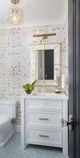 Power Room With Eclectic Wallpaper And Brass Finishes Wallpaper Accent Wall Bathroom Power Room Eclectic Wallpaper