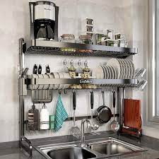 Crafted of durable stainless steel with cushioned coating and handles, it holds up to 8 plates and can also be placed on a countertop. Buy Over Sink Dish Drying Rack Loyalfire 2 Tier Full Stainless Steel Large Storage Adjustable Kitchen Dish Rack 24 41 37 6 Expandable Dish Drainer Shelf Rack With Utensil Holder Cup Hanging Set Online In