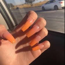 Unlike regular acrylic extensions, you can easily remove them when soaking in hot water. Follow Melanin Munroe For More Orange Acrylic Nails Orange Ombre Nails Ombre Acrylic Nails