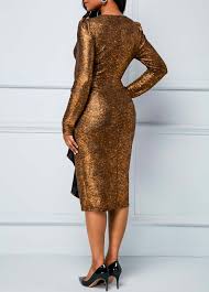 Long Sleeve Gold Brown Ruffle Detail Sequin Dress Rosewe Com Usd 29 76 Long Sleeve Sequin Dress Dresses Shop Casual Dresses