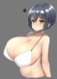 watari1118, original, absurdres, highres, 1girl, :t, annoyed, arms at  sides, bare shoulders, bikini, bikini top only, black hair, blush, breast  focus, breasts, bursting breasts, cleavage, closed mouth, cropped arms,  cropped torso, green