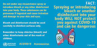 World Health Organization Who Fact Spraying Or Introducing Bleach Or Another Disinfectant Into Your Body Will Not Protect You Against Covid 19 And Can Be Dangerous Facebook