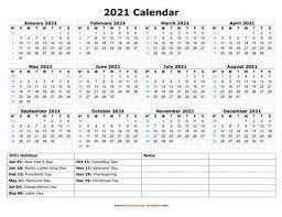 Free printable 2021 calendar with holidays. Printable Yearly Calendar 2021 Free Calendar Template Com